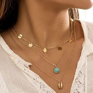 Zehope Boho Layered turquoise necklaces Sequin Pendant Necklaces